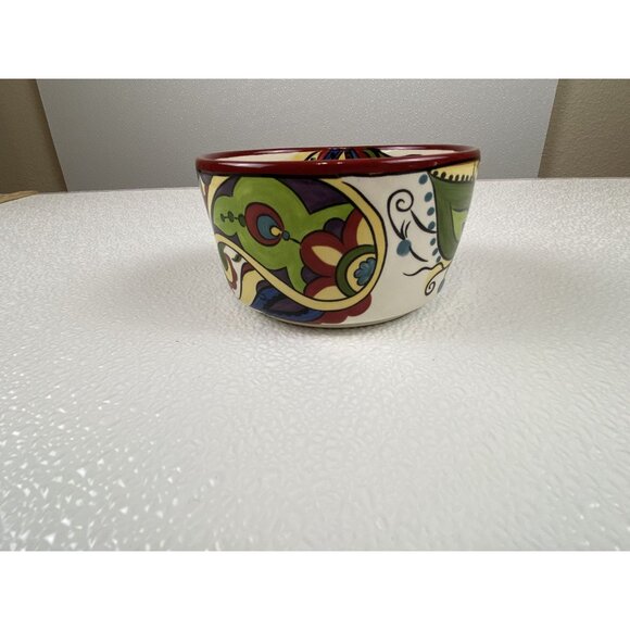 Corsica Kingston Handcrafted Red Trim Ceramic Colorful Paisley Bowl 3" X 3.75" - Picture 4 of 9
